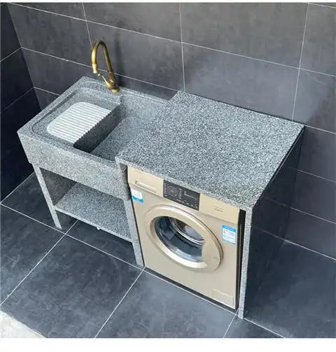阳台一体整石带搓板洗衣机柜大理石洗衣槽台盆总长200cm含洗衣机柜