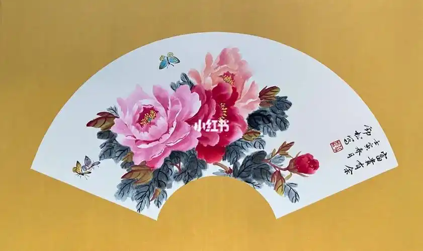 国画写意牡丹花扇形