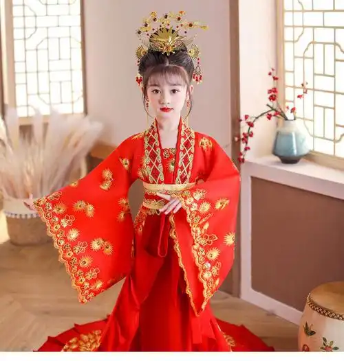 儿童古代皇后衣服古装女汉服皇后服贵妃拖尾 唐朝娘娘公主唐装仙孩cos