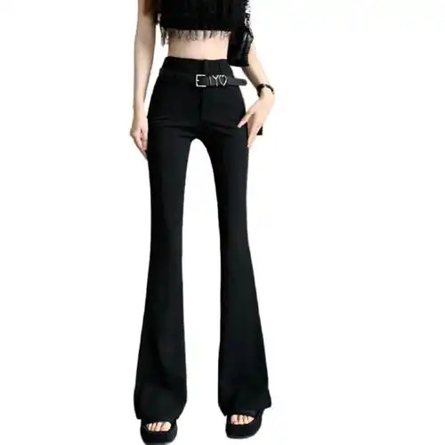 黑色微喇女夏季薄款设计感高腰喇叭裤修身显瘦休闲拖地长裤 - 17网