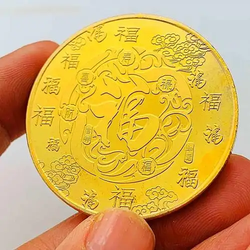 中国花开富贵镀金彩绘纪念章 百福金币硬币金币硬币摆件工艺币