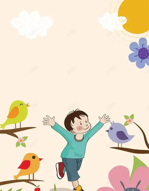 com 儿童画 儿童节 卡通 学生奔跑 小木马 小鸟 手绘 背景素材 花树