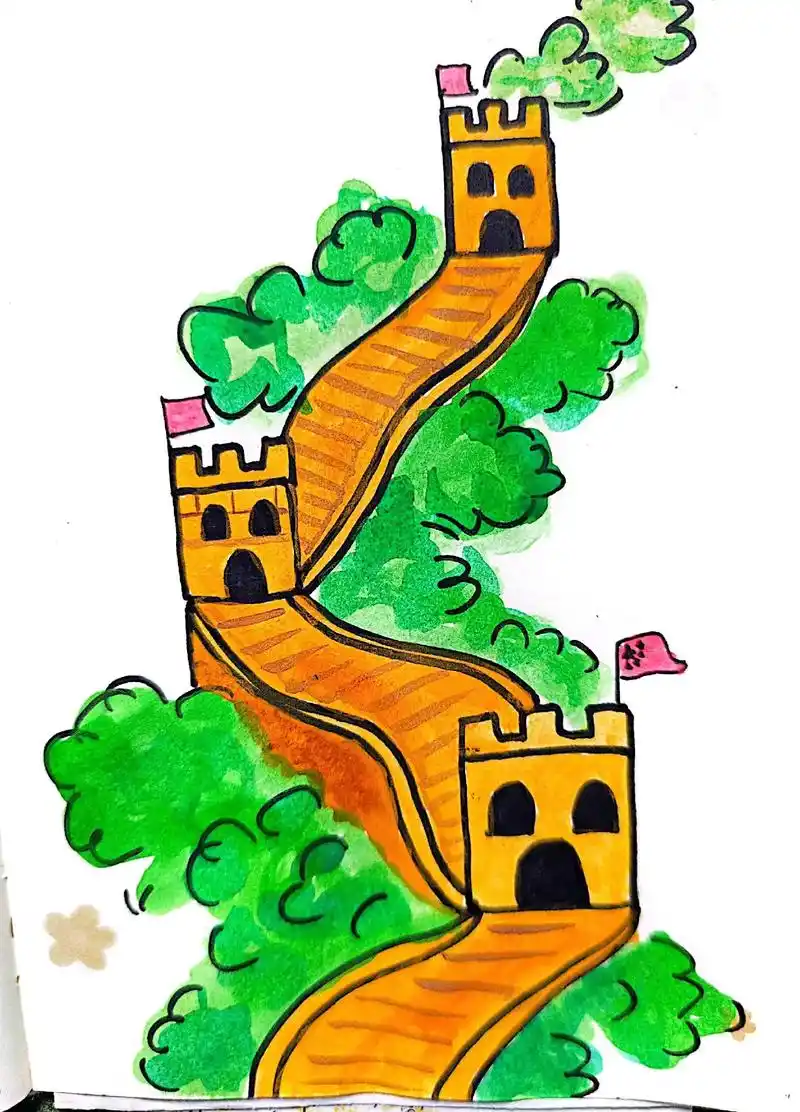 国庆节素材(万里长城)简单画.3个正方形和3个s画中国长城# - 抖音