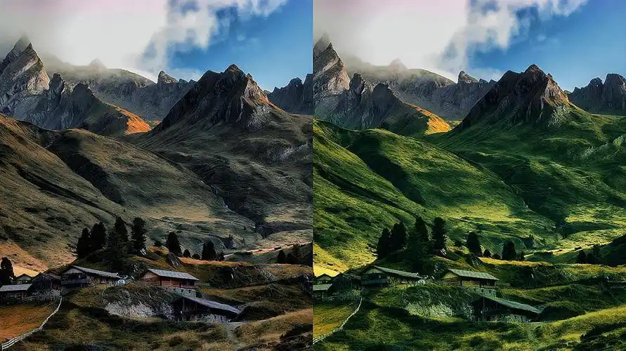 风景摄影调色:ps如何给山脊草场调色?1个工具2步上色!