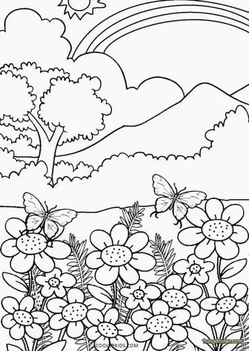 花虫中蝴蝶飞!春天里的公园填色图片大全-红豆饭小学生简笔画大全