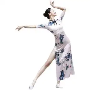 古典舞中国风表演出服弹力身韵复古成人女飘逸开叉旗袍现代舞蹈裙 券